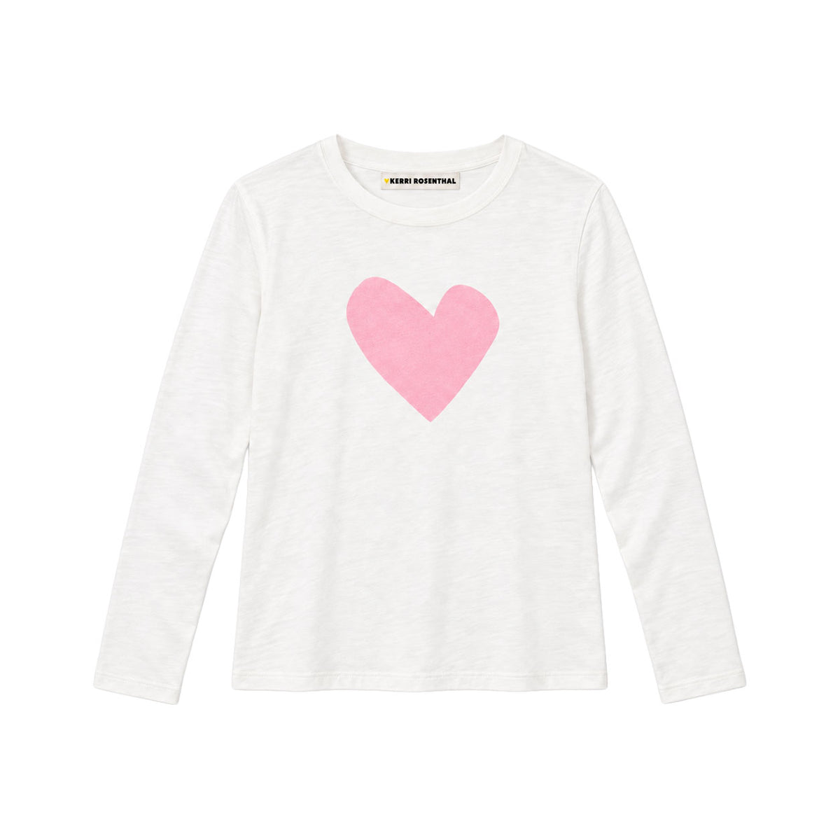 Flat view of the Long Sleeve Suke Imperfect Heart Tee in cream with a pink heart at the center front