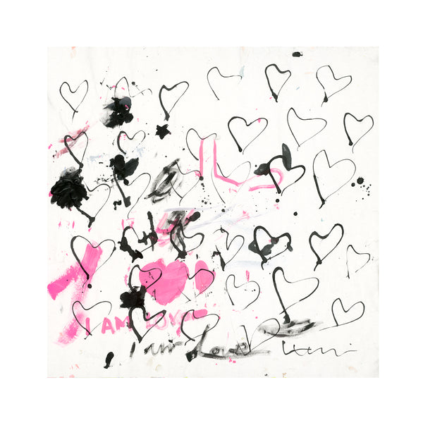 Kerri Rosenthal abstract heart painting on white background with hand-drawn black outlined hearts, pink paint splatter accents, and hand-lettered text reading "I Am Love"