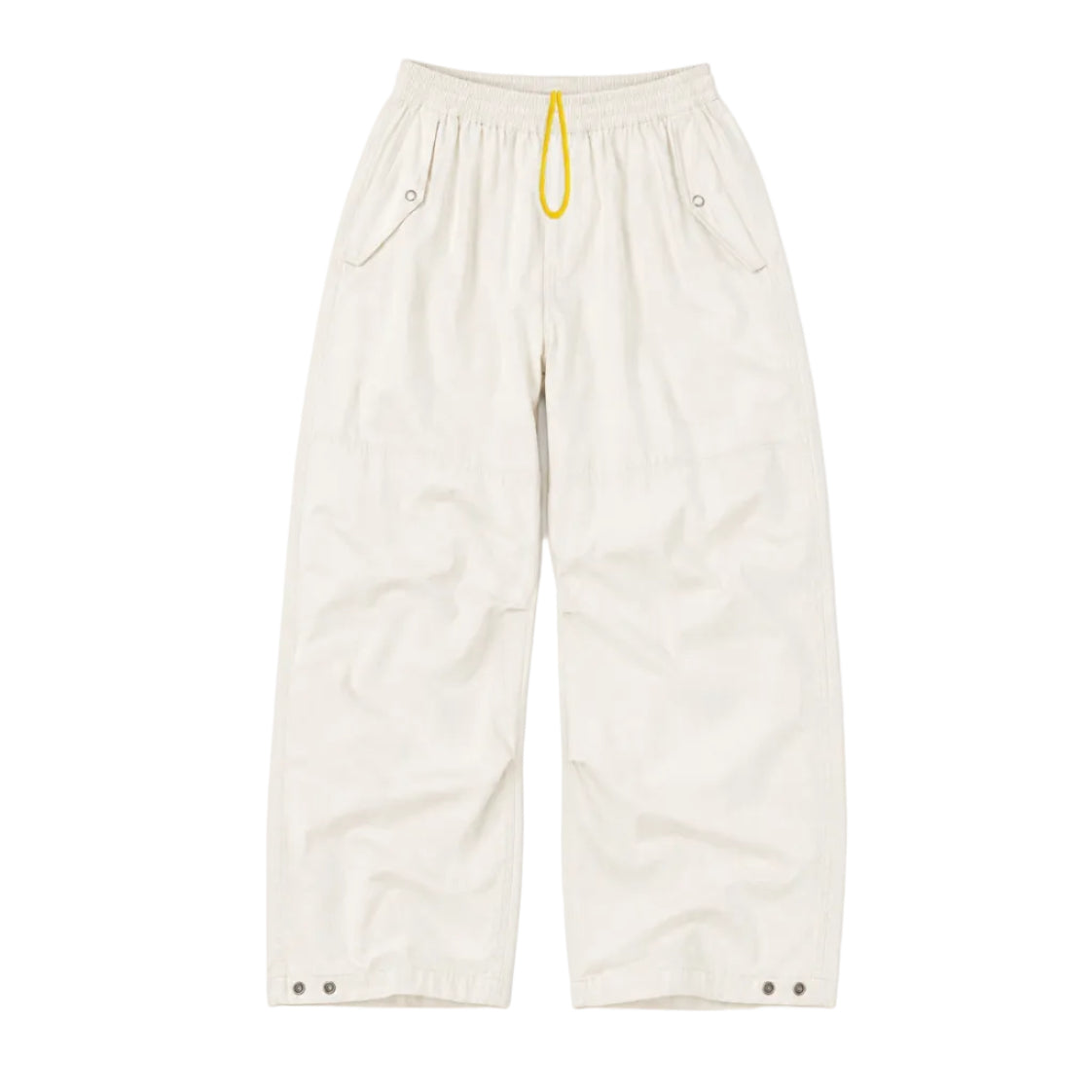 Close-up of natural white drawstring pants product flat by Kerri Rosenthal