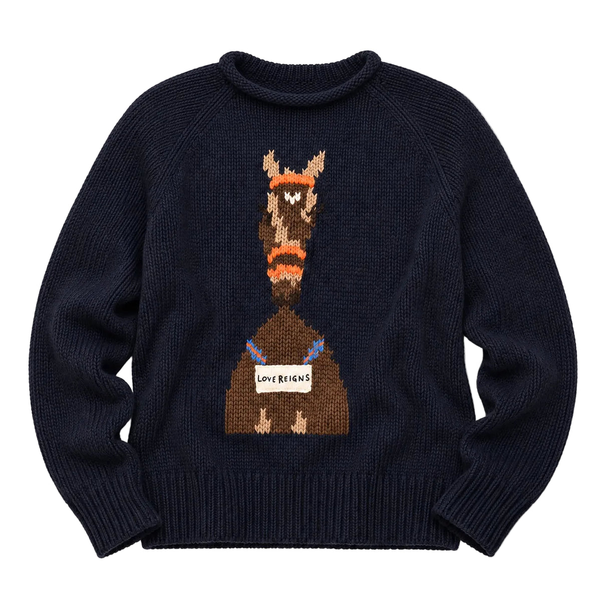 Kerri Rosenthal Roll Neck Love Reigns Sweater in indigo cotton with horse intarsia and roll neck, view 3