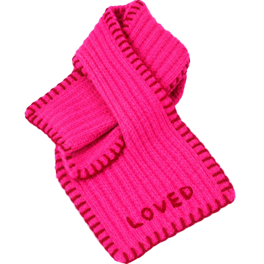 Loved Loop Scarf in Neon Pink with red stitch detail and "loved" embroidery.