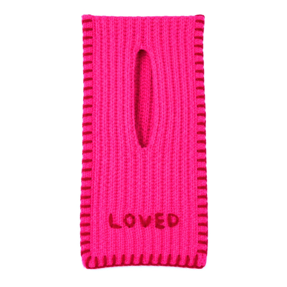 Loved Loop Scarf in Neon Pink with red stitch detail and "loved" embroidery, flat shot.