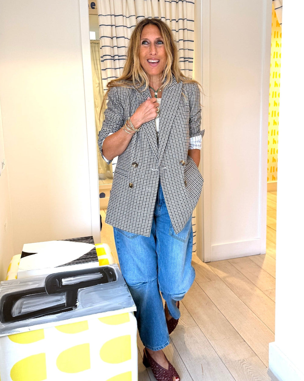 Mr. Frenchie Blazer by Kerri Rosenthal, a houndstooth double-breasted blazer in a wool-polyester blend