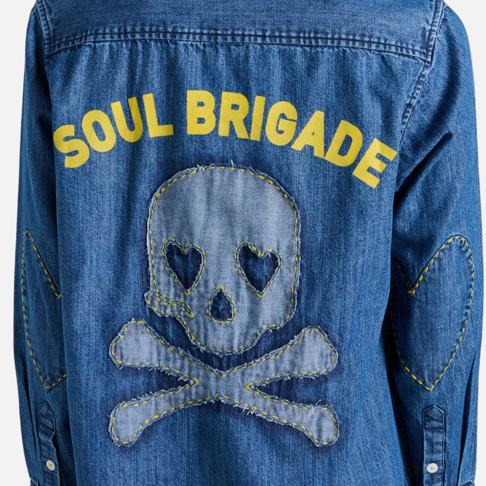 SoulCycle x KR Mia Soul Brigade blue oversized denim shirt - Shop stylish denim shirts for ladies by Kerri Rosenthal.