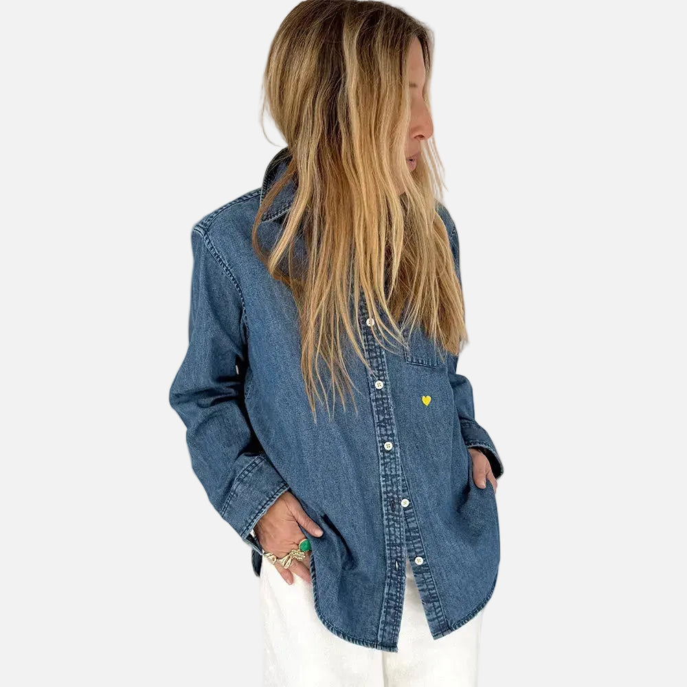 Mia cotton denim blue button-down shirt with white heart elbow patches and a tiny embroidered heart - Shop women's cute shirts by Kerri Rosenthal
