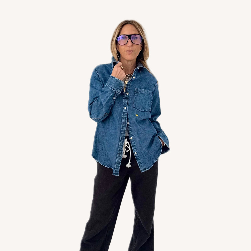 Mia cotton denim blue button-down shirt with white heart elbow patches and a tiny embroidered heart - Cute women's shirts by Kerri Rosenthal