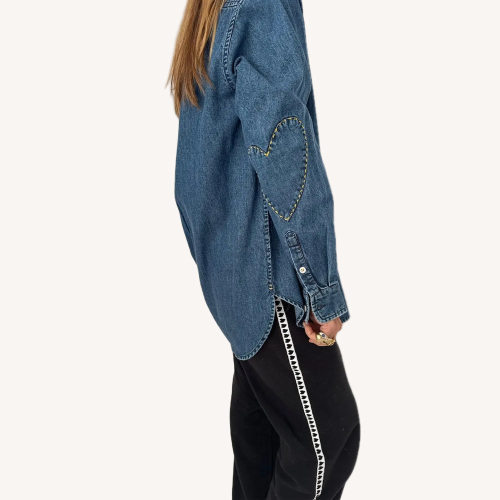 Mia cotton denim blue button-down shirt with white heart elbow patches and a tiny embroidered heart by Kerri Rosenthal