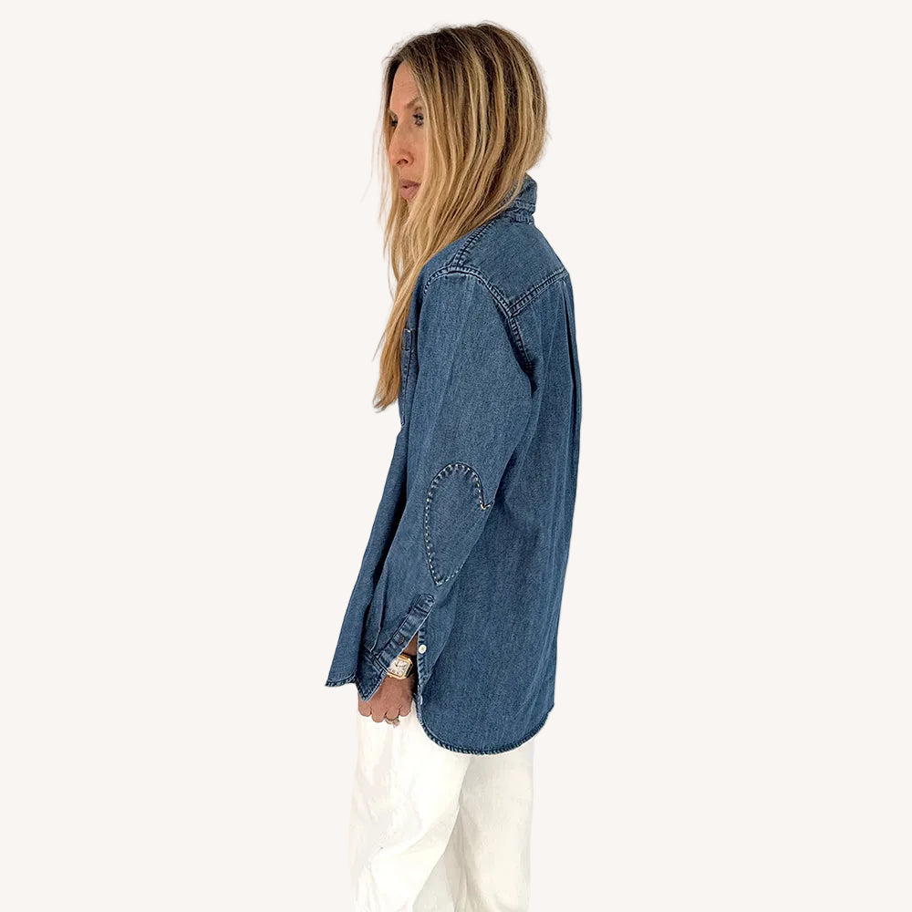 Mia cotton denim blue button-down shirt with white heart elbow patches and a tiny embroidered heart by Kerri Rosenthal