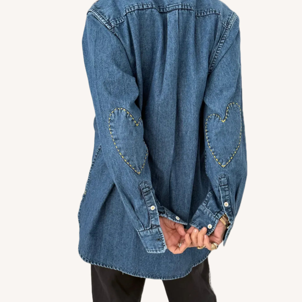 Mia cotton denim blue button-down shirt with white heart elbow patches and a tiny embroidered heart by Kerri Rosenthal