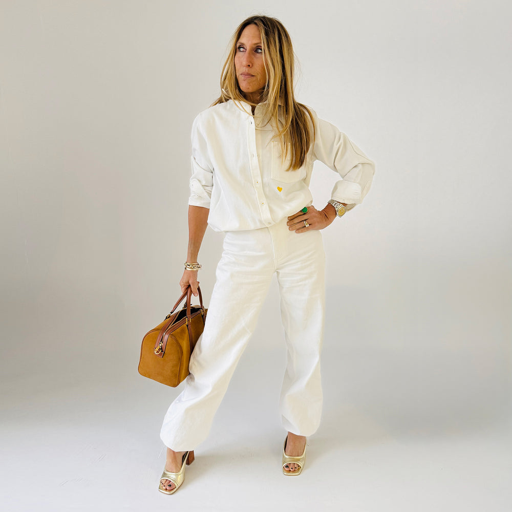 Mia denim button-up white shirt with a tiny embroidered heart detail and heart elbow patches - Shop cute women's button-up shirts by Kerri Rosenthal