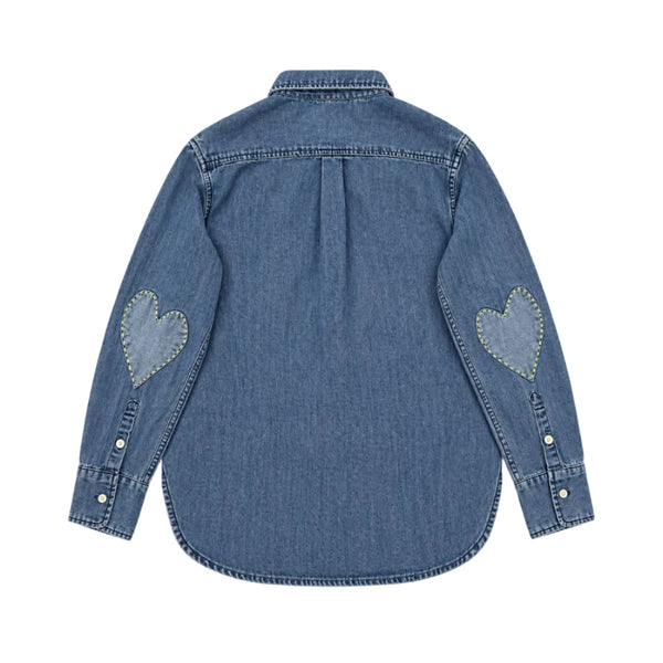 Flat back view of the Mia Denim Shirt in washed denim with heart elbow patches