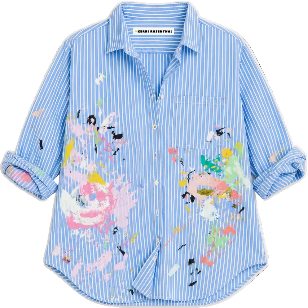 blue striped shirt with colorful art print by artist Kerri Rosenthal