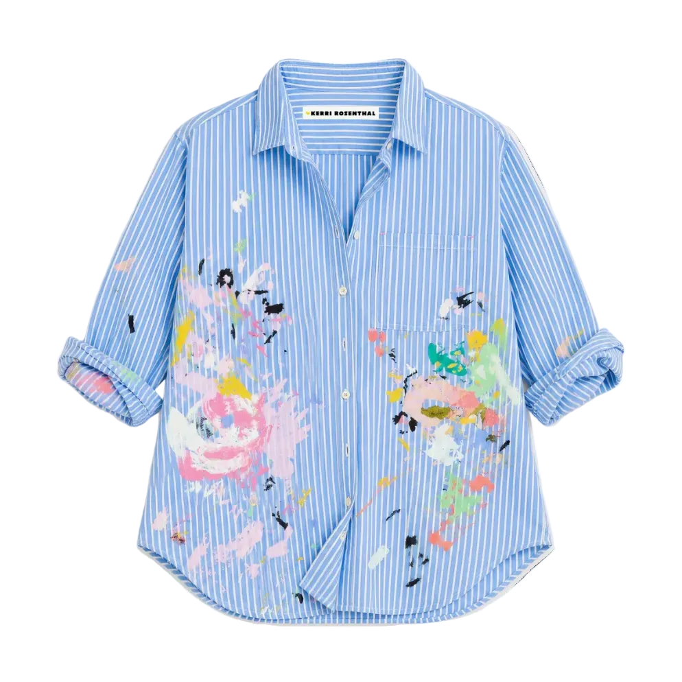 blue striped shirt with colorful art print by artist Kerri Rosenthal