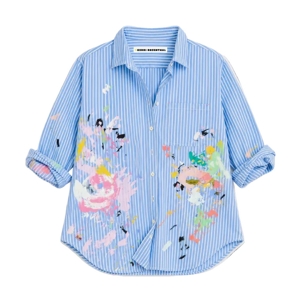 blue striped shirt with colorful art print by artist Kerri Rosenthal