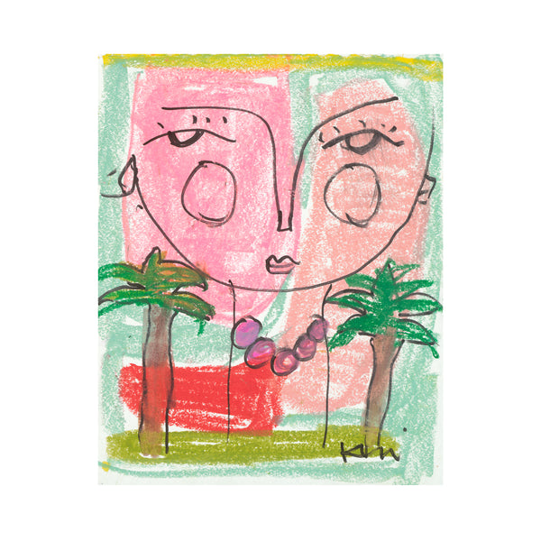 Kerri Rosenthal abstract portrait painting of one whimsical face in pink with green background, hand-drawn line details, palm trees, and a beaded necklace accent