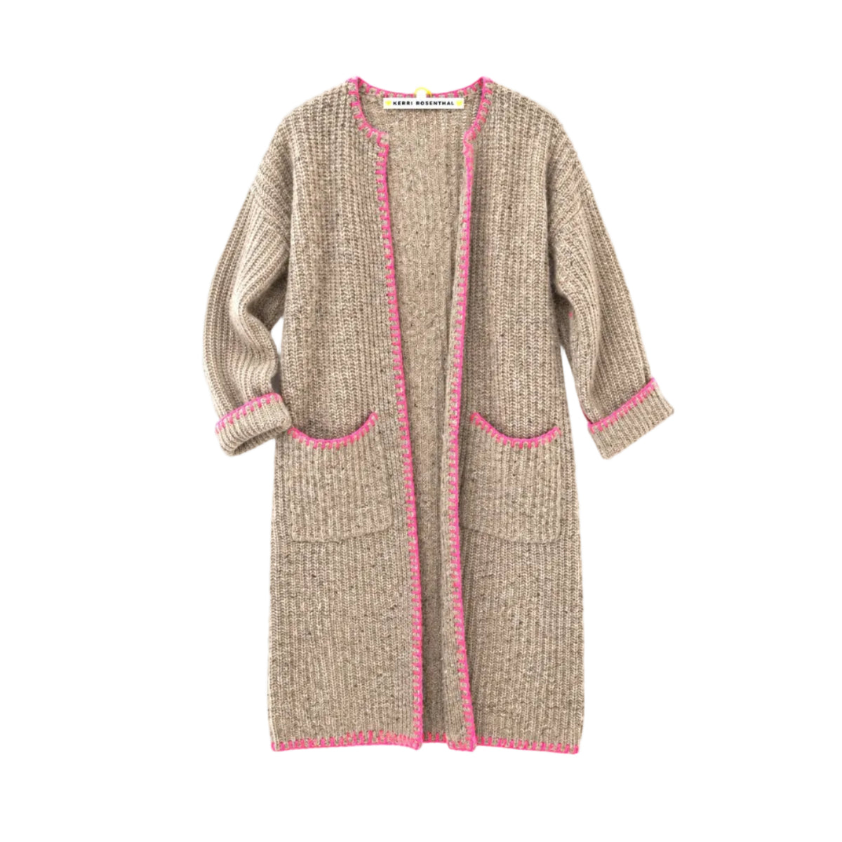Flat view of the Morning Coffee Duster in oatcake with neon pink trim and patch pockets
