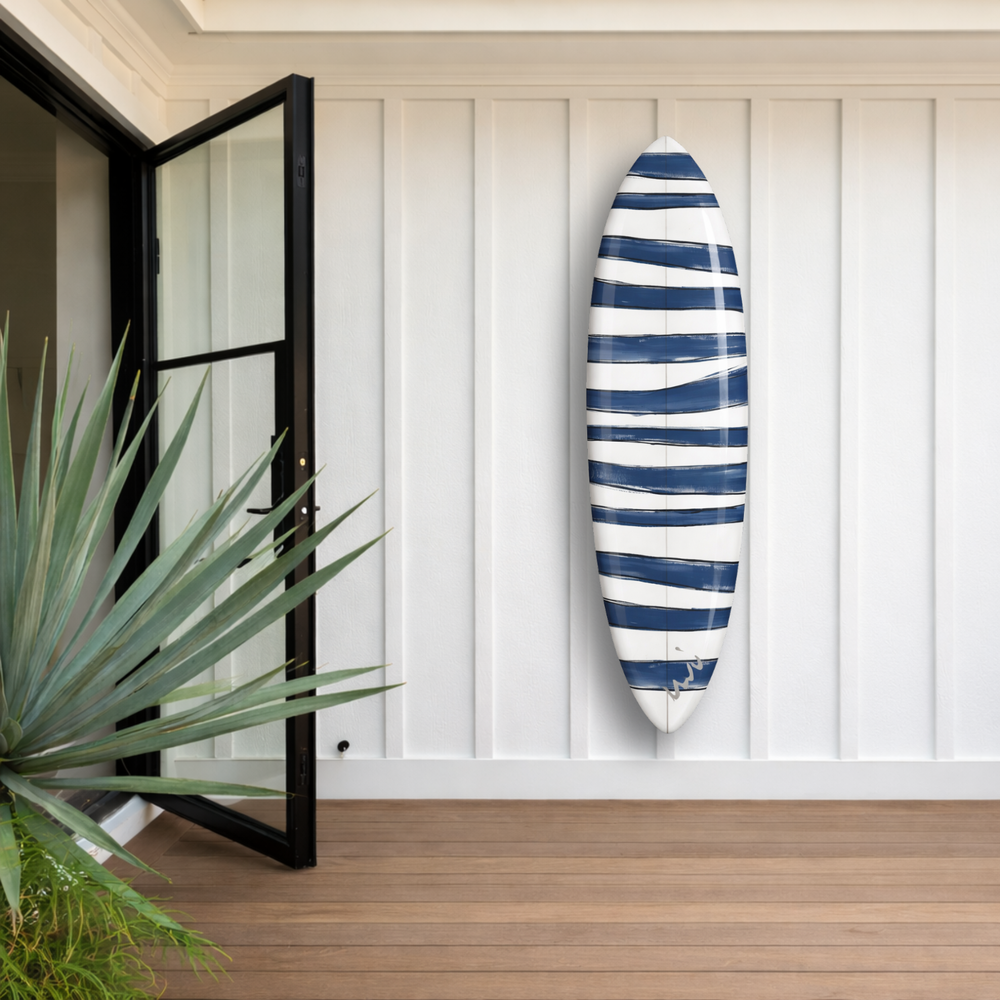 Navy blue and white summer stripes surfboard for living room decor - Shop modern surfboards by Kerri Rosenthal