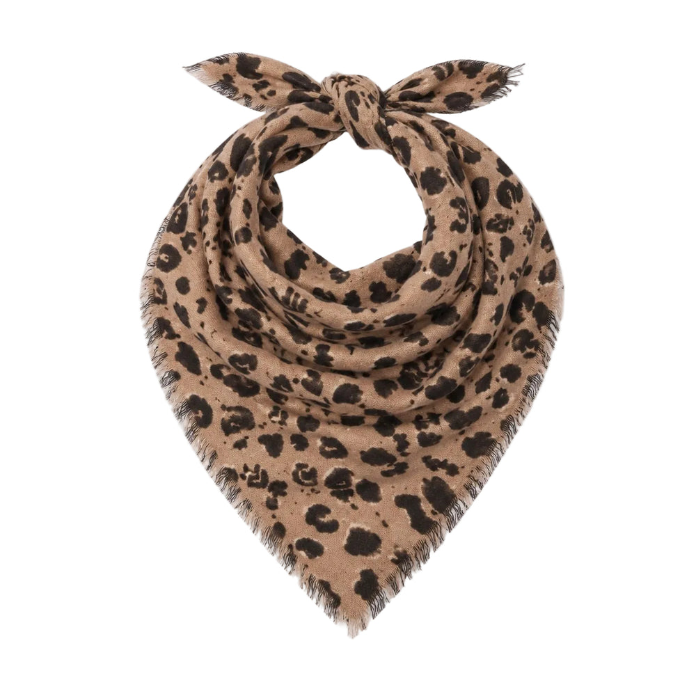 Kerri Rosenthal leopard print cashmere bandana, knotted into a bow shape with fringe edges