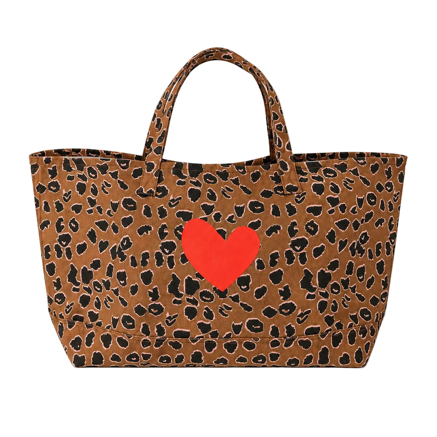 Kerri Rosenthal Nomad Tote in cheetah print cotton canvas with contrast Imperfect Heart — shop women's bags by Kerri Rosenthal