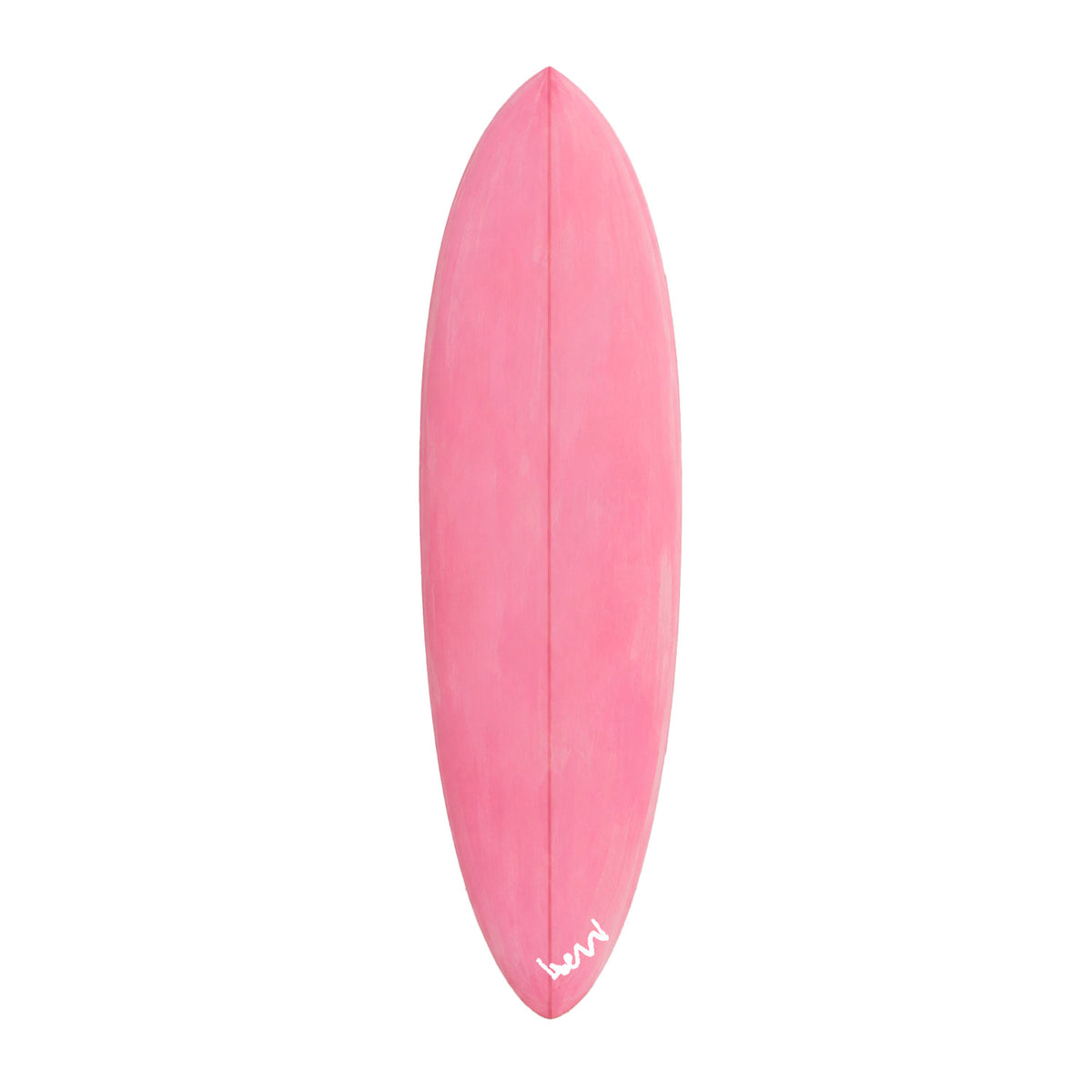 Palm Pink — hand-painted pink surfboard by Kerri Rosenthal, vertical canvas in tropical palm pink, signed by Kerri