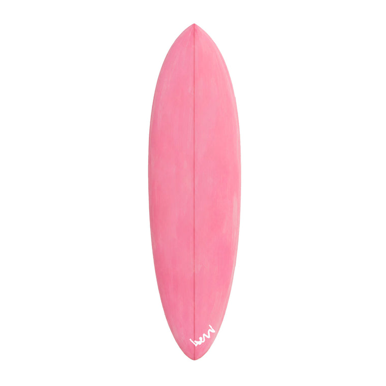 Palm Pink — hand-painted pink surfboard by Kerri Rosenthal, vertical canvas in tropical palm pink, signed by Kerri