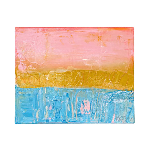 Postcard from the Pacific Coast, an abstract original painting in pink, gold, and turquoise on stretched canvas