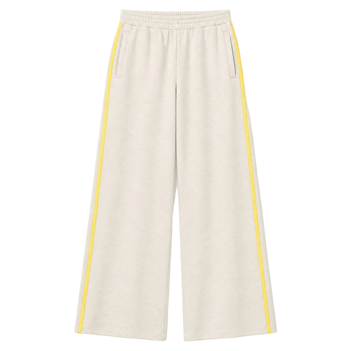 Flat view of the Super Soft Fleece Weekend Palazzo in taupe heather with yellow side stripes