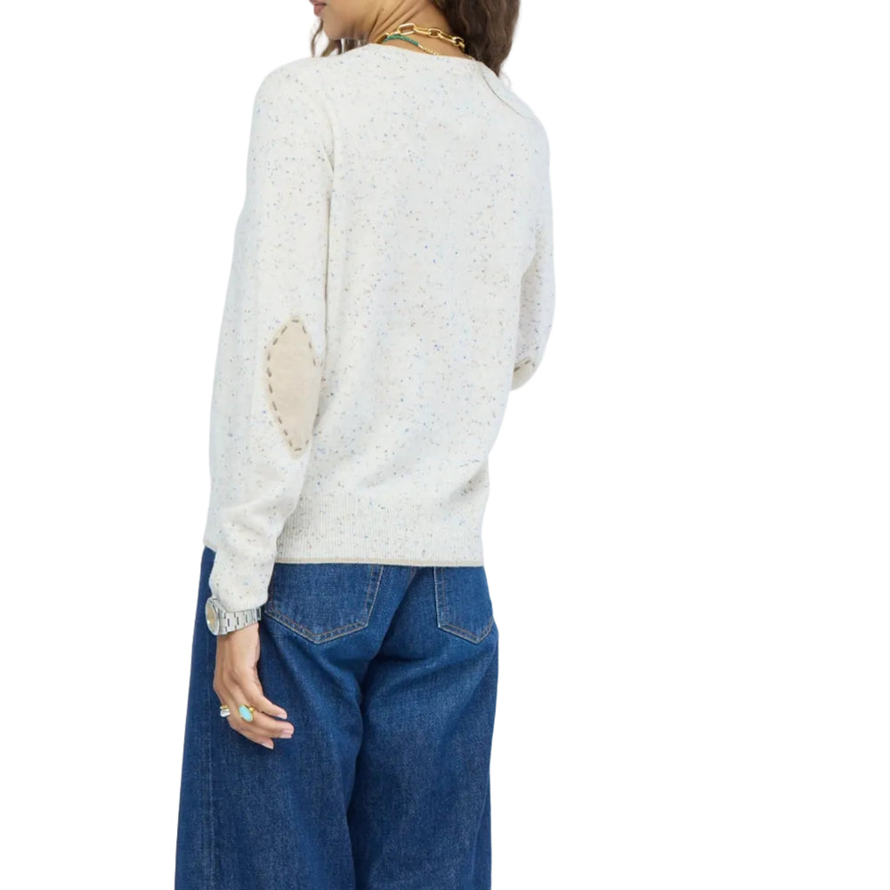 Kerri Rosenthal oatmeal sweater back view showing tonal elbow patch detail