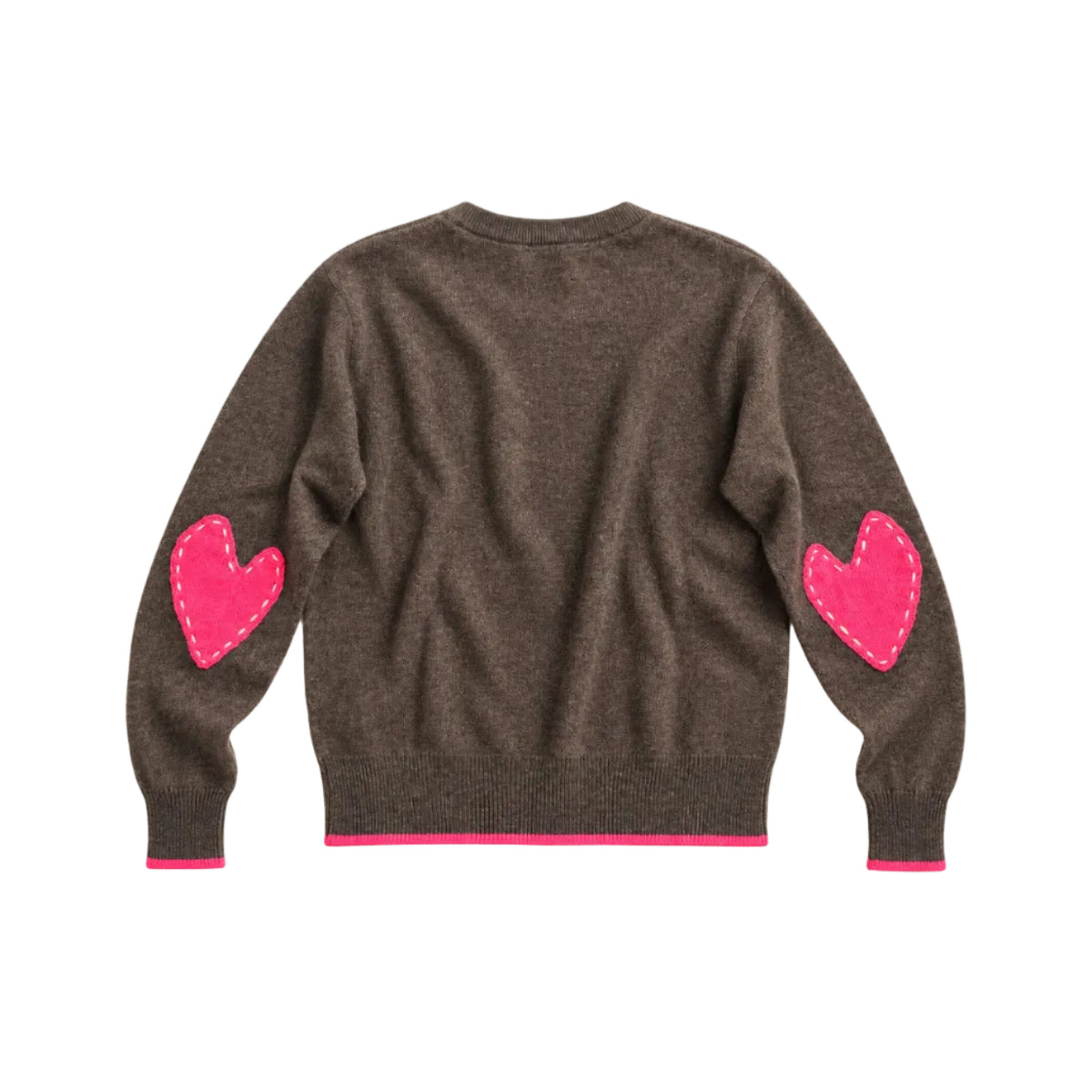 Flat view of the Patchwork Pullover Sweater in cocoa heather with pink heart elbow patches and pink trim at the hem