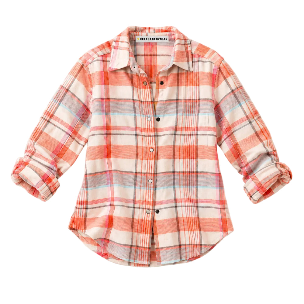 Flat view of the Pia Flannel Shirt in coral and cream plaid with rolled sleeves and a button front