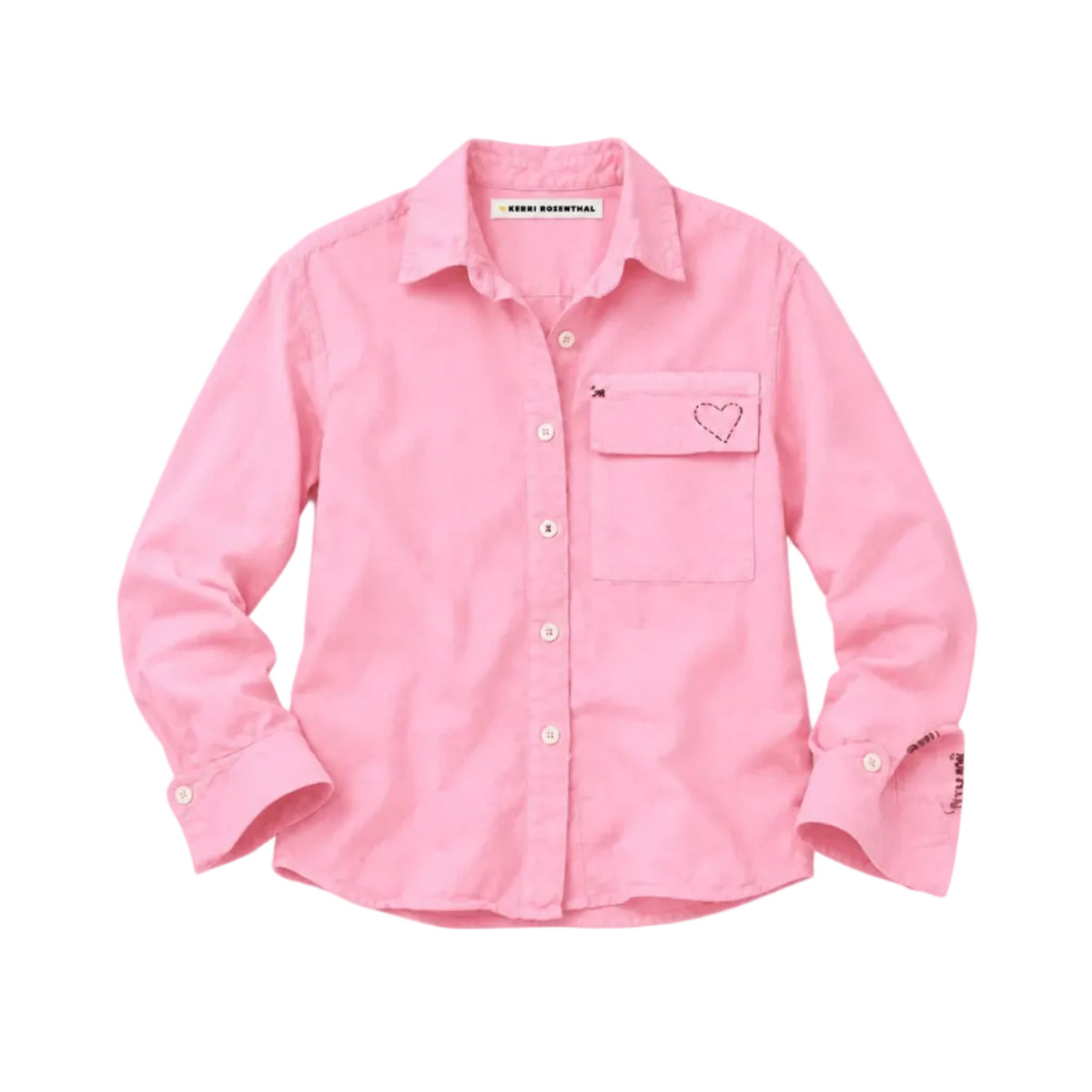 Flat view of the Pia Fireside and Kisses Shirt in pink with a button front and a chest pocket with a stitched heart