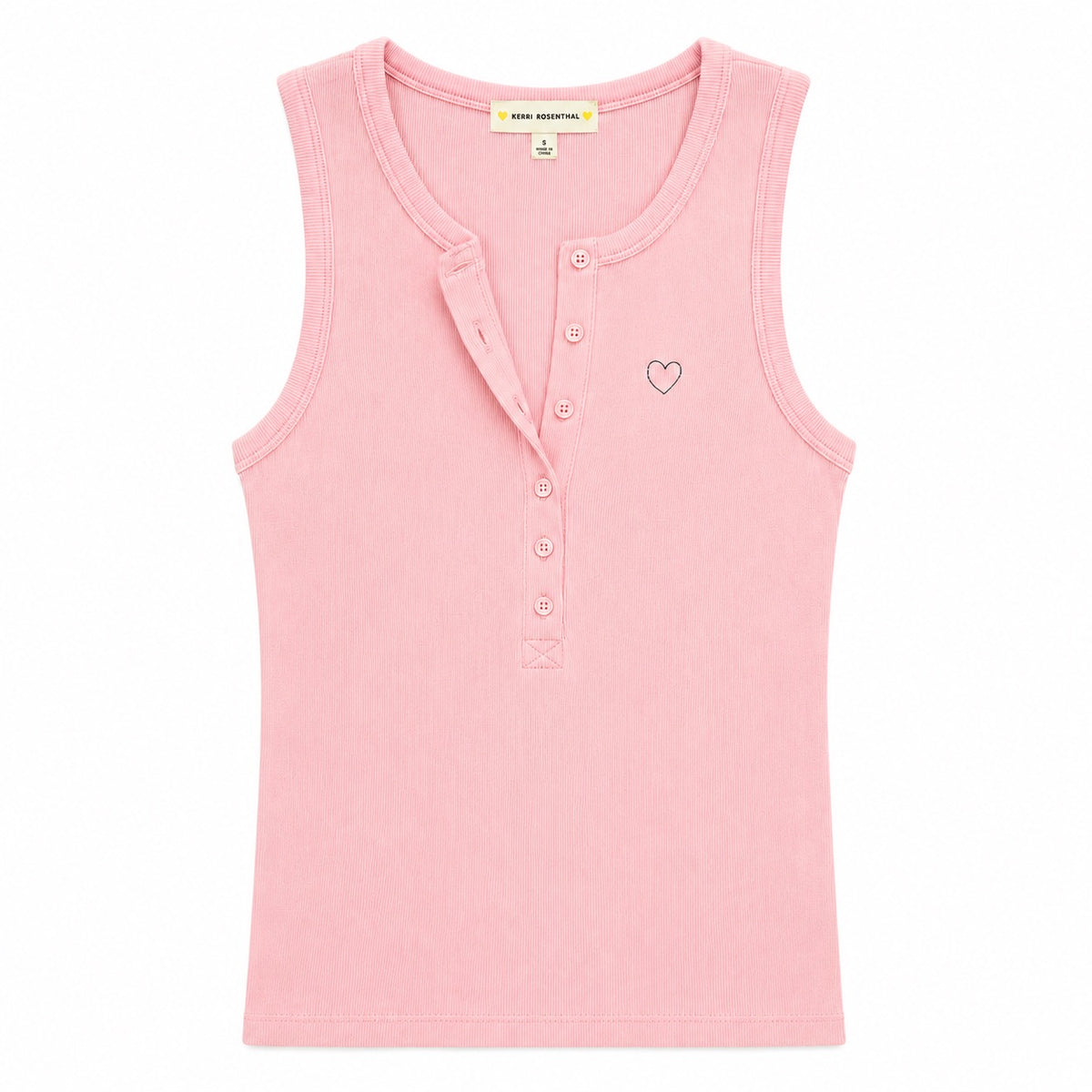 Kerri Rosenthal KR Henley Tank in pink salt cotton with button placket and embroidered heart.