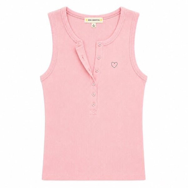 Kerri Rosenthal KR Henley Tank in pink salt cotton with button placket and embroidered heart.