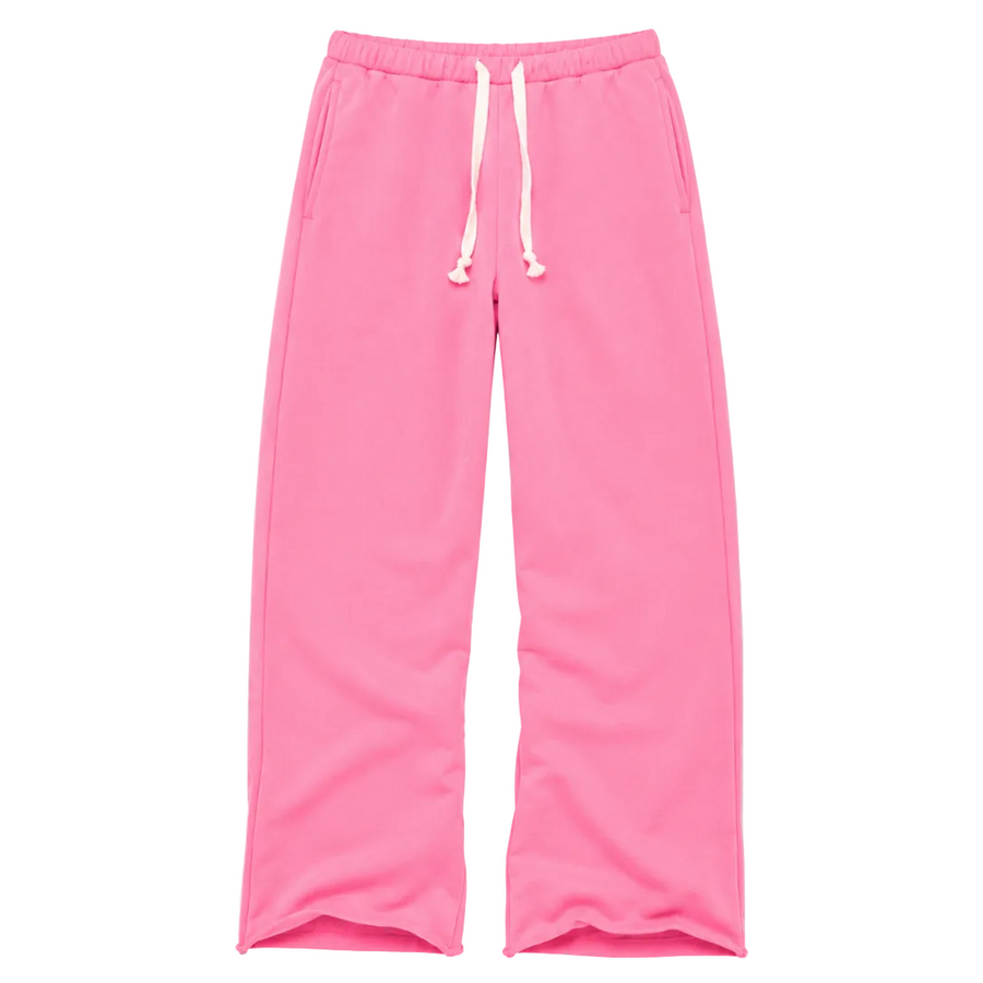 Bright pink relaxed-fit sweatpants with elastic waistband, white drawstring, and side pockets by Kerri Rosenthal