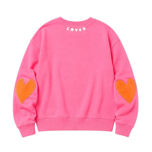 Palm Pink Ex-Boyfriend Patchwork Sweatshirt by Kerri Rosenthal in 100% cotton loop terry with heart elbow patches