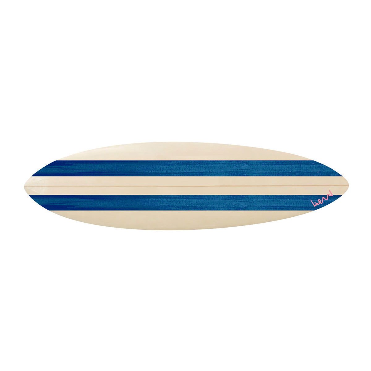 Positano Stripe — hand-painted indigo blue surfboard by Kerri Rosenthal, horizontal canvas of coastal stripes, signed by Kerri