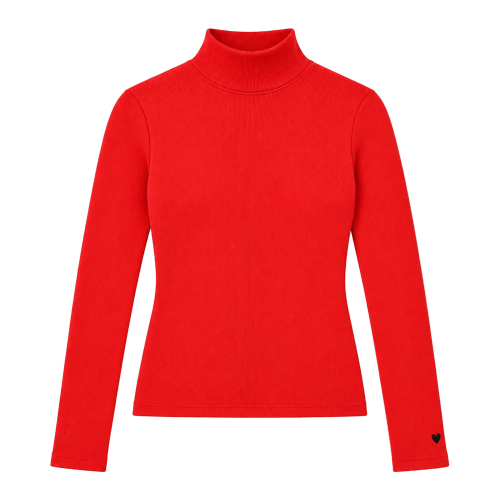 Flat view of the Mock Neck Rib Tee in red with long sleeves