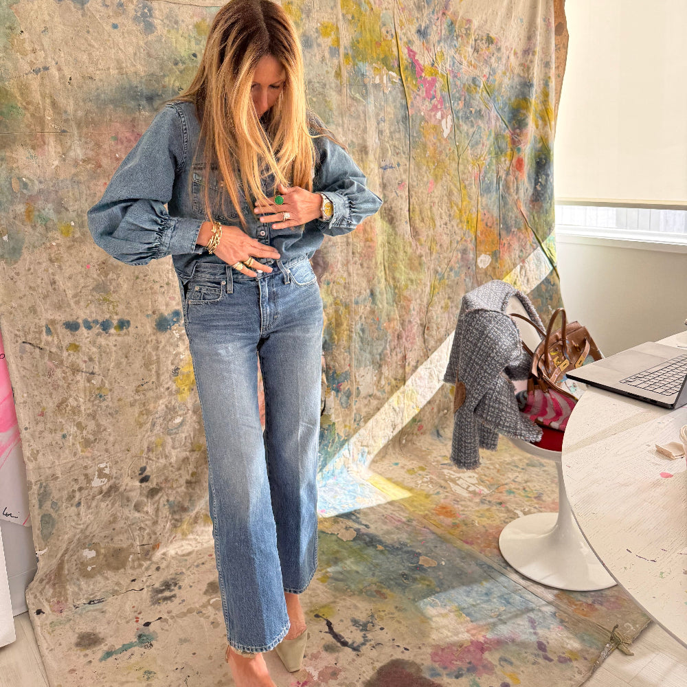 Robbie mid-rise 100% cotton blue jeans with a relaxed fit, easy flare, and a cropped length for that effortless look - Shop cute women’s jeans made in the USA