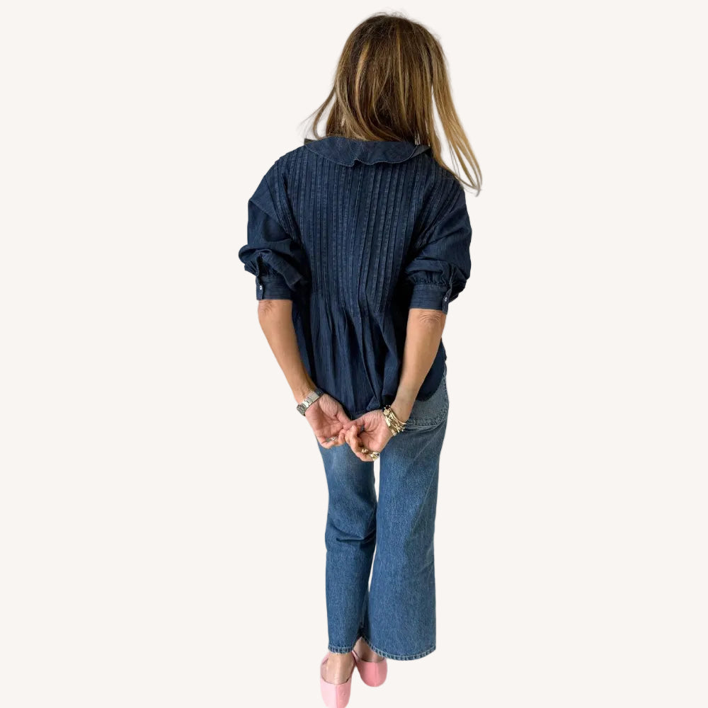 Rosen denim ruffles blue blouse top in 100% cotton with pintuck back by Kerri Rosenthal