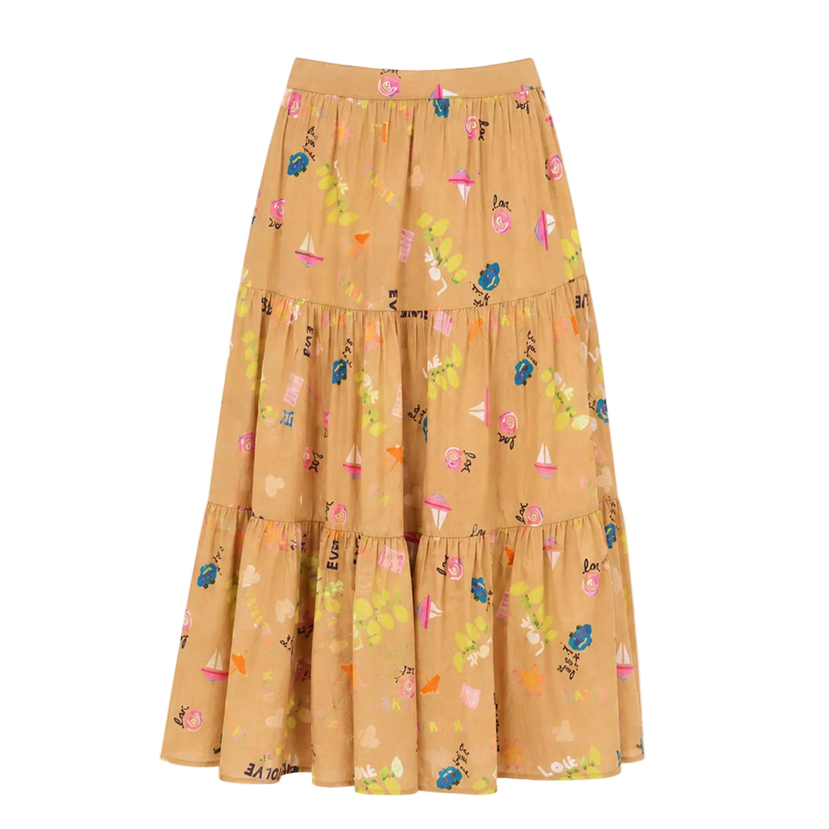 Kerri Rosenthal Point Dume tiered cotton maxi skirt in a multicolor painterly print.