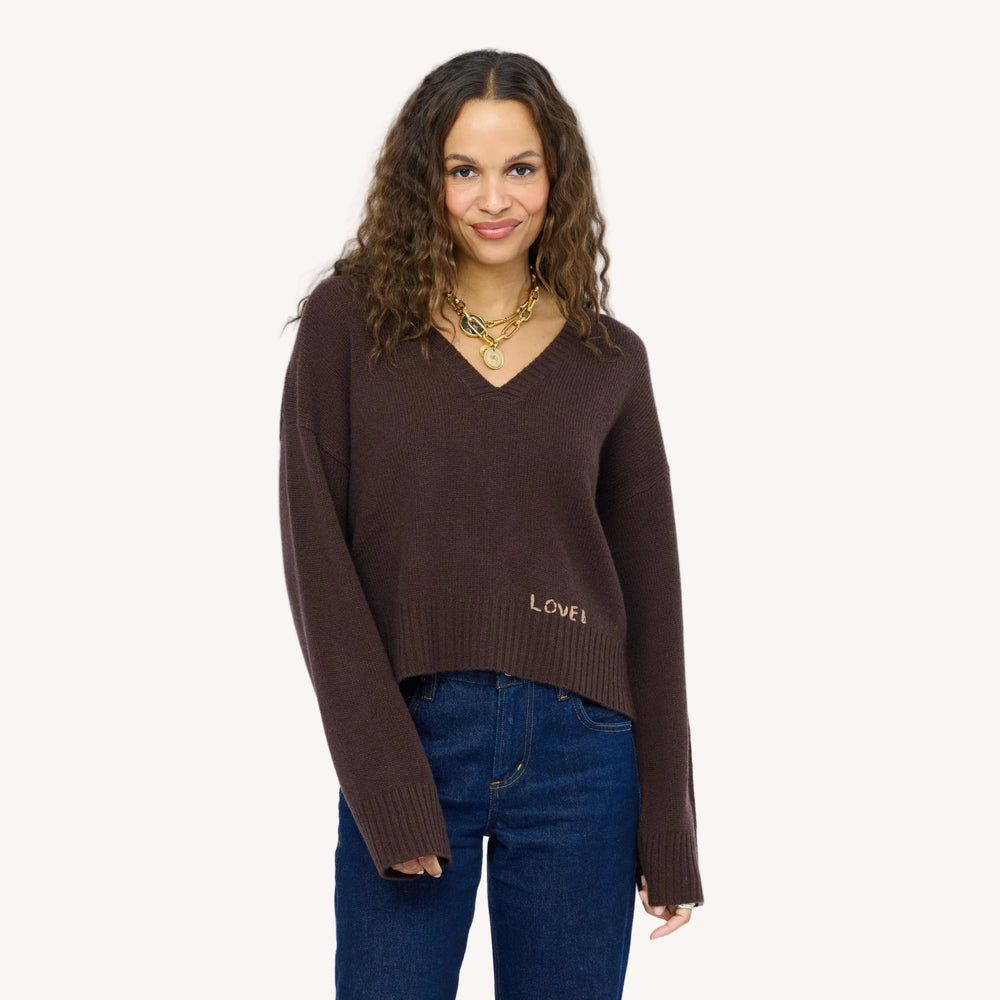 Saturday Cashmere Sweater, made from 100% cashmere in Cocoa with a relaxed fit, a flattering V-neckline, and hand-stitched "Loved" embroidery, alternative view.