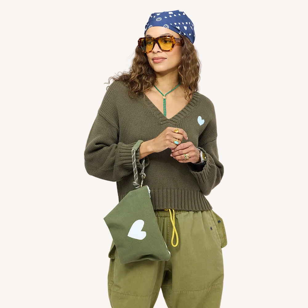 Saturday V-neck cotton knit sweater in army green with embroidered blue heart and Love Brigade army green pants, blue Drippy Heart bandana and army green imperfect heart wristlet - Shop women's sweaters by Kerri Rosenthal