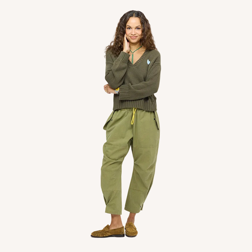 Saturday V-neck cotton knit sweater in army green with embroidered blue heart and Love Brigade army green pants - Shop women's sweaters by Kerri Rosenthal