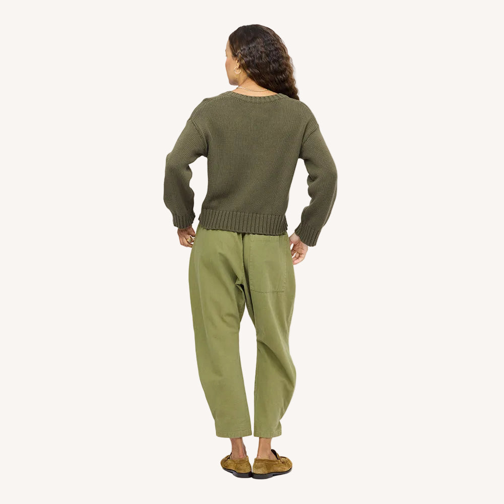 Back of Saturday V-neck cotton knit sweater in army green  and Love Brigade army green pants - Shop women's sweaters by Kerri Rosenthal