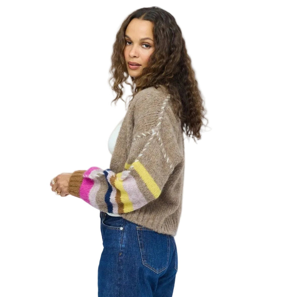 Kerri Rosenthal taupe striped alpaca cardigan, side profile view styled with jeans