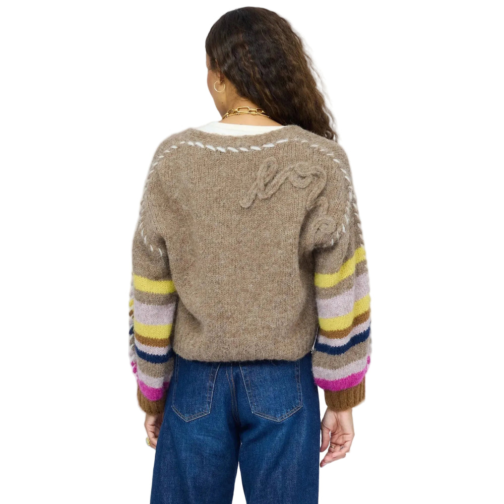 Kerri Rosenthal taupe alpaca cardigan back view showing striped sleeves and script embroidery detail