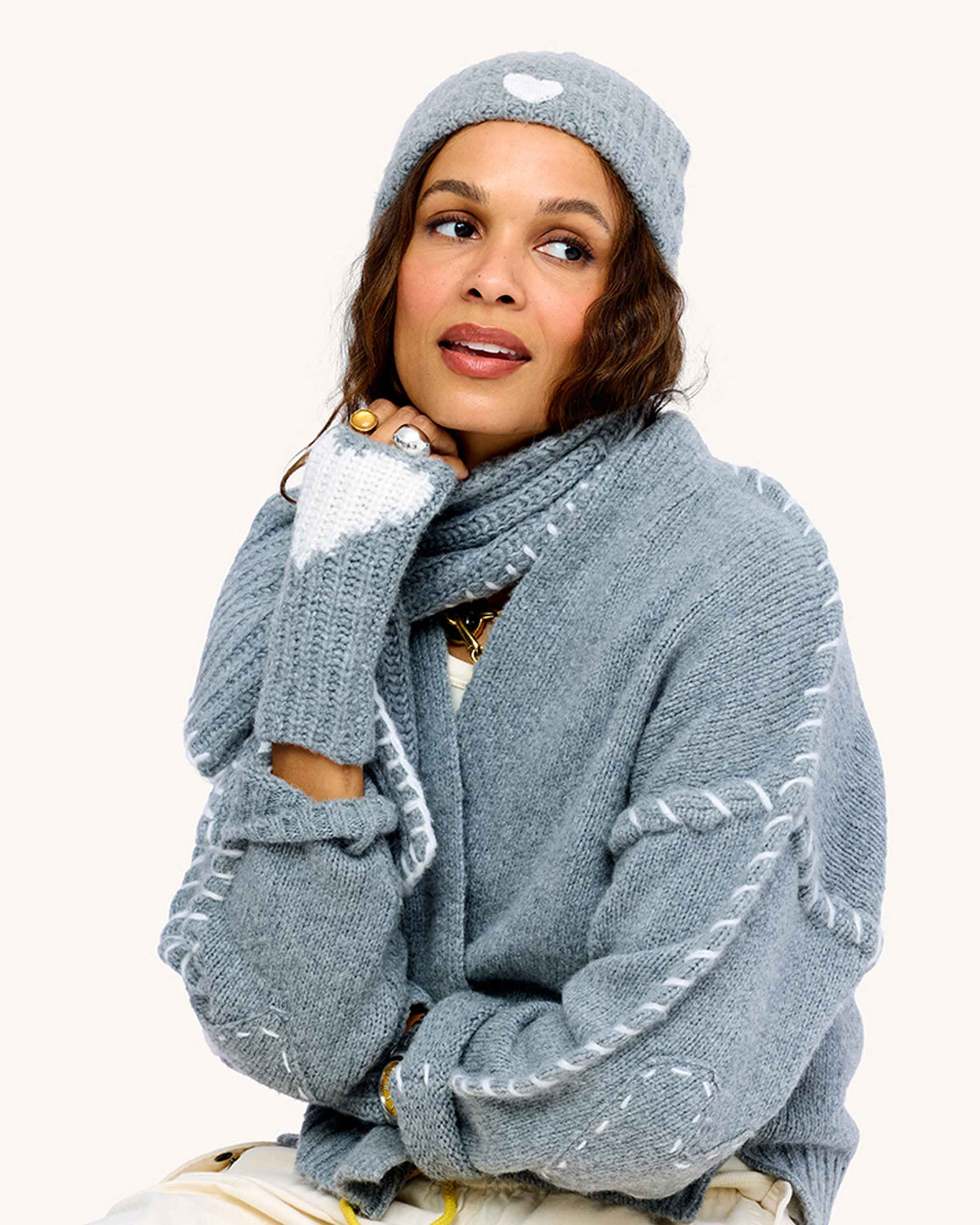 Model wearing grey ribbed Cashmere Beanie paired with Loved Cashmere Smittens and Loved Loop Scarf.