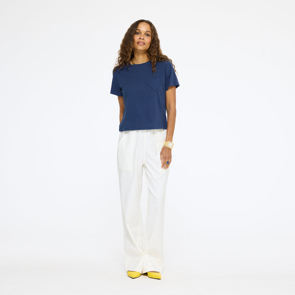 Navy Imperfect Heart Slub Tee by Kerry Rosenthal full look with white pants