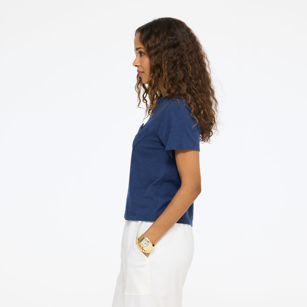 Side View Navy Imperfect Heart Slub Tee by Kerry Rosenthal