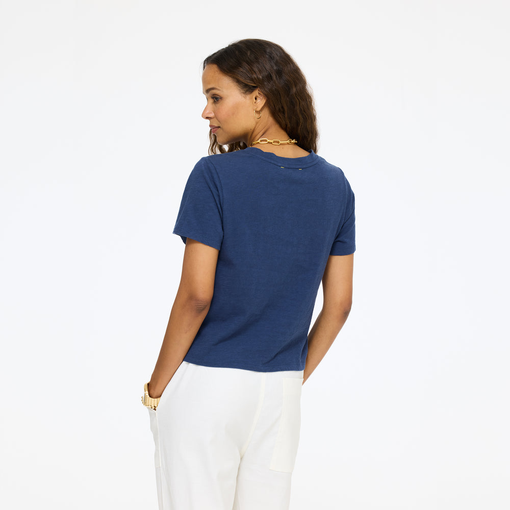 Back View Navy Imperfect Heart Slub Tee by Kerry Rosenthal